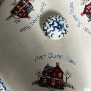 Vintage Ceramic Stoneware 10.5" COVERED PIE DISH Home Sweet Home BLUE SPONGE